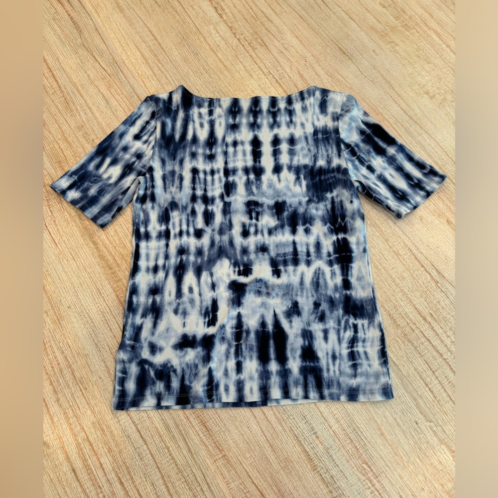 Blue and white tie-dye blouse from Lauren by Ralph Lauren.